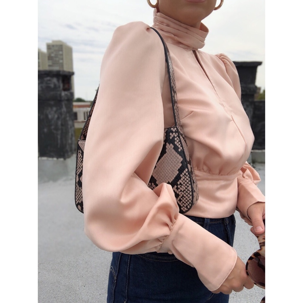 Kelis Satin High Neck Puff Sleeve Blouse - Peach - Picture 4 of 8